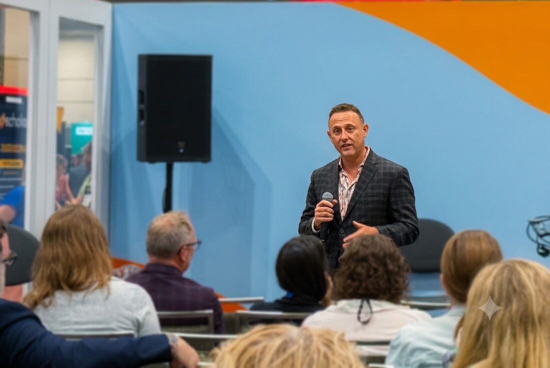 Dave Saben speaking to an audience at a live event
